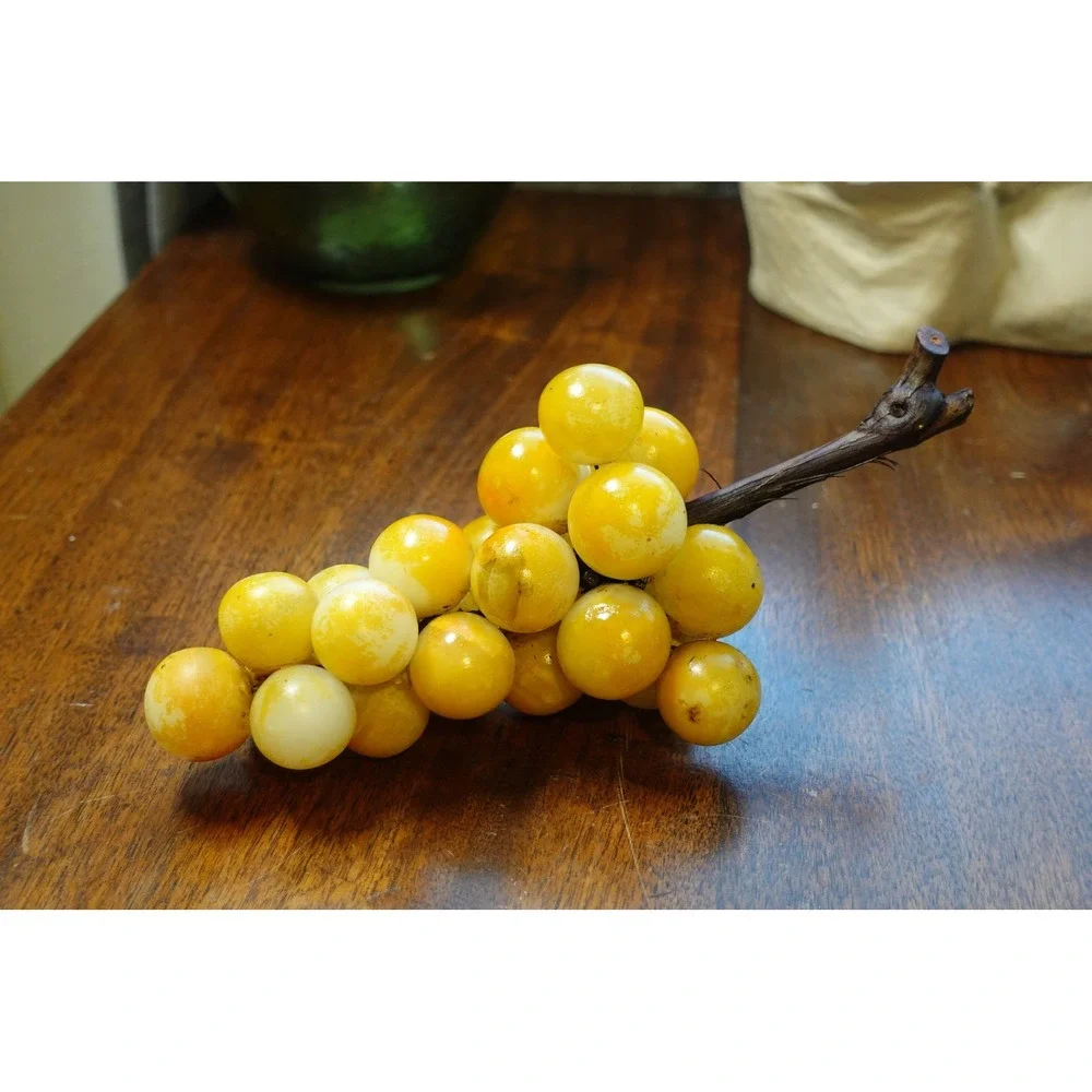 Vintage Yellow Alabaster Stone Grape Cluster Wood Stem Mid Century Modern Decor